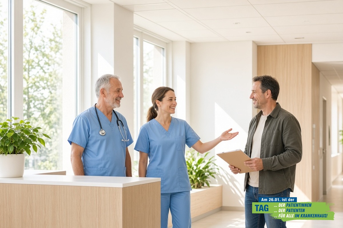 Arzt und Pflegekraft zeigen einem Patienten an einem hellen Empfang den Weg