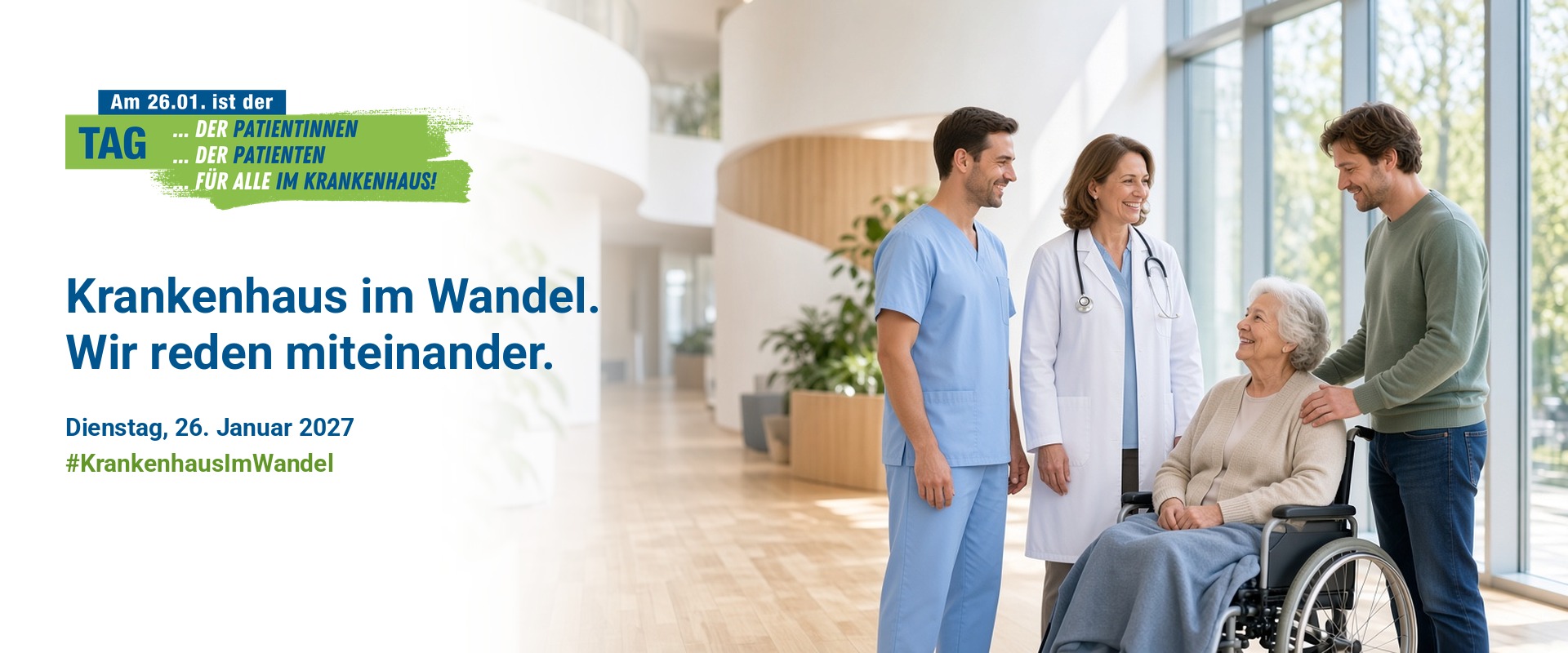 TfA 2027 Banner Krankenhaus im Wandel Pfleger, Ärztin, Patientin im Rollstuhl und ihr Sohn im Gespräch im hellen Klinikfoyer – Tag für Alle im Krankenhaus 2027, Krankenhaus im Wandel